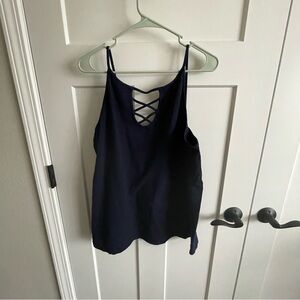 Navy, cross cross chest, Maurice’s cami. Plus, 1x. Layer up for work school